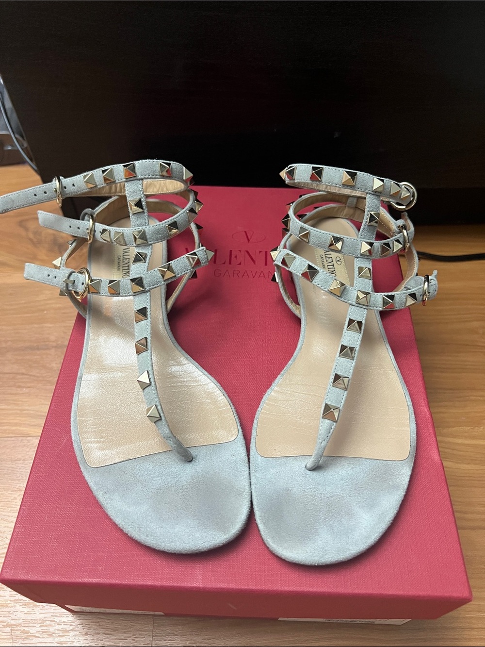 Valentino Garavani suede Rockstud Flat Sandals with Straps gray